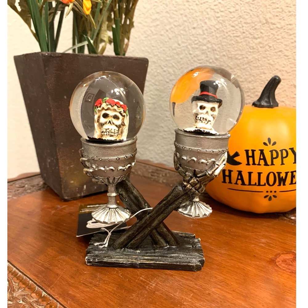 ☠️ DAY OF THE DEAD GOTHIC HALLOWEEN CATRIN & CATRINA WATER GLOBES WITH BATS